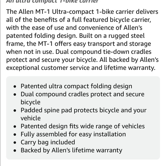Allen Sports Folding Bicycle Carrier Model MT-1 - Picture 9 of 16